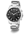 Silver watch with black dial on a white background