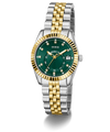 Two-tone silver and gold watch with a green face on a white background