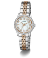 Two-tone watch with rose gold and silver band on a white background