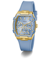 Blue watch with gold accents on a white background