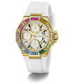 Guess watch with a white strap and colorful gemstones on a white background