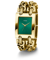 Gold watch with green face on a white background