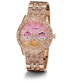 Rose gold watch with a pink face on a white background