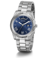 Silver watch with a blue face on a white background