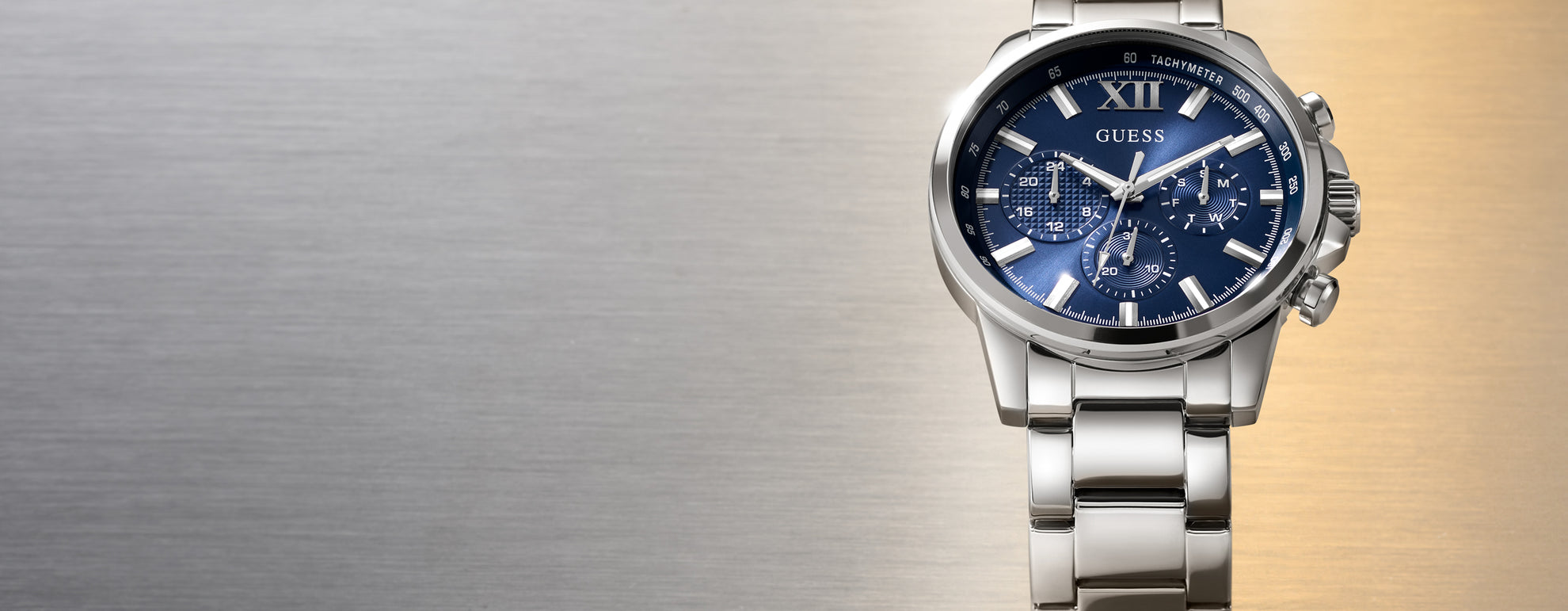 Mens silver watch with blue dial