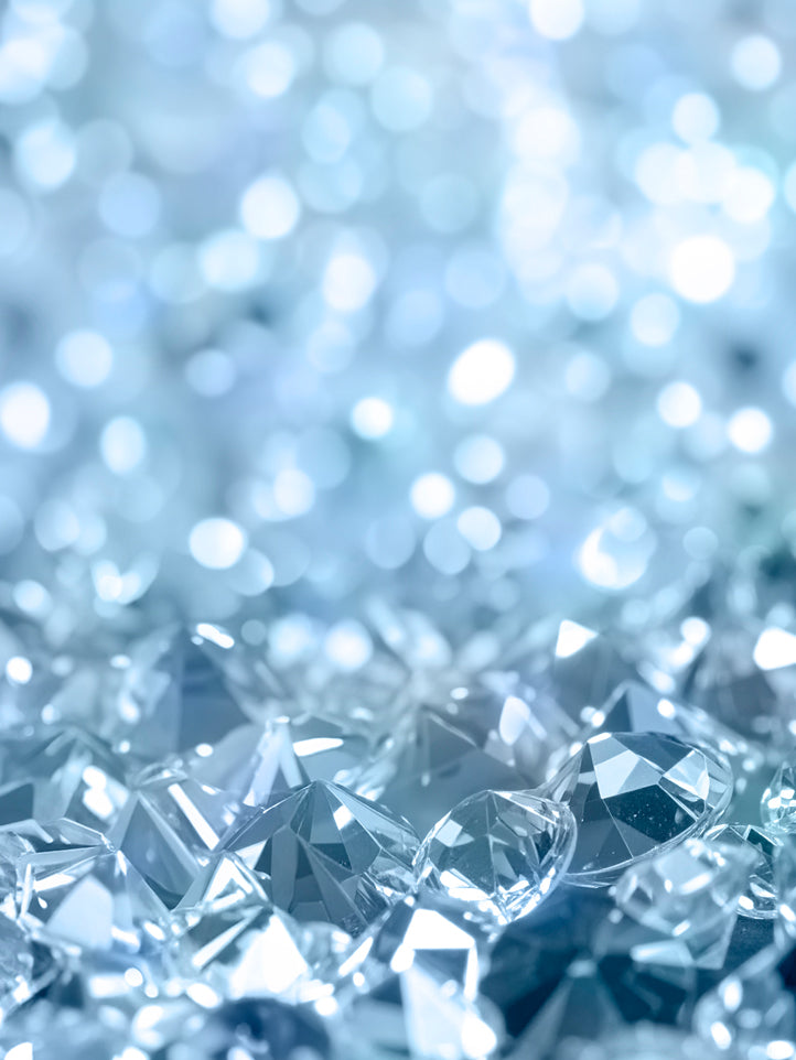 Close-up of blue swaovski criystals with a blurred blue background