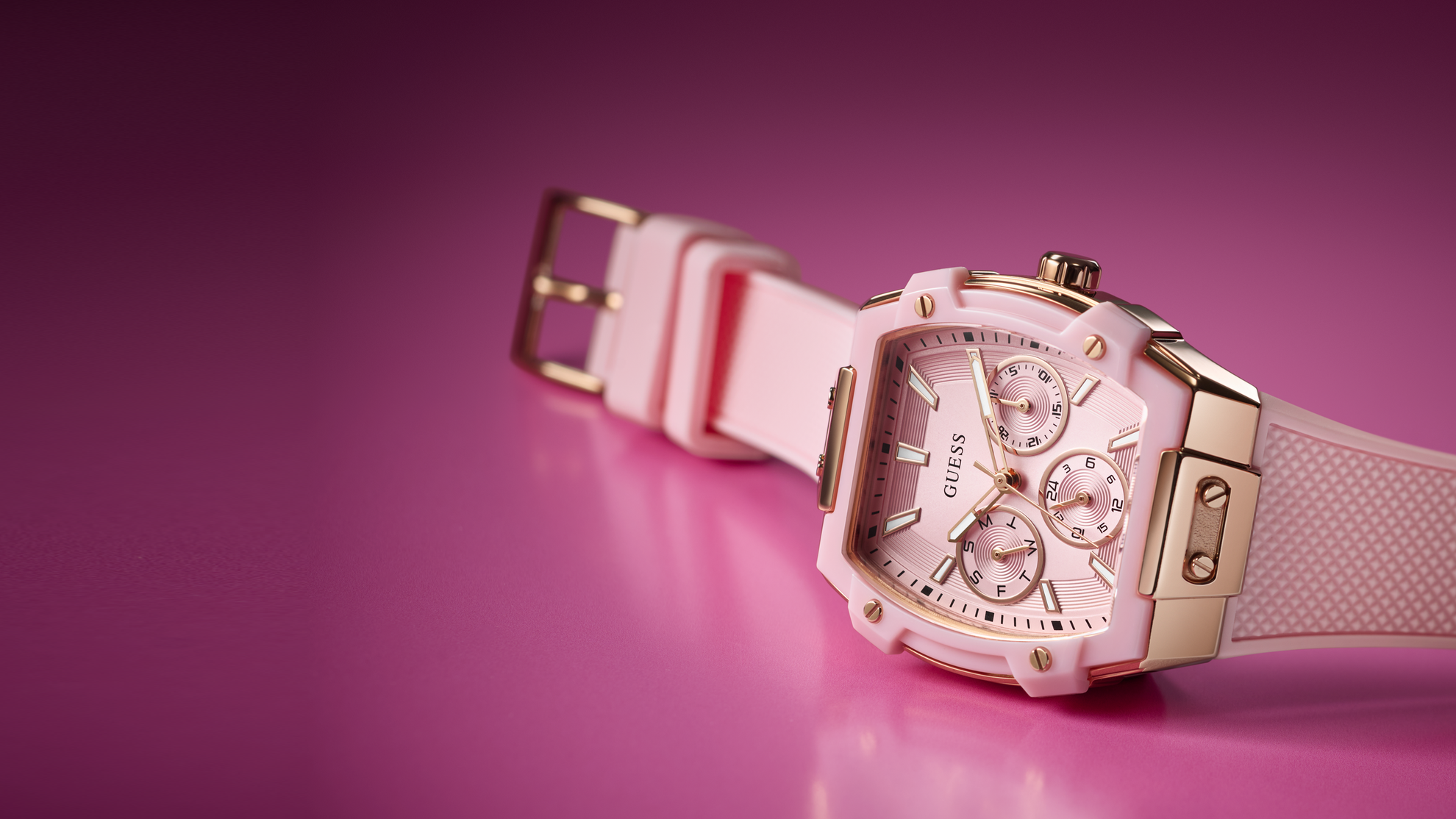 Sparkling Pink BCA watch on a pink background