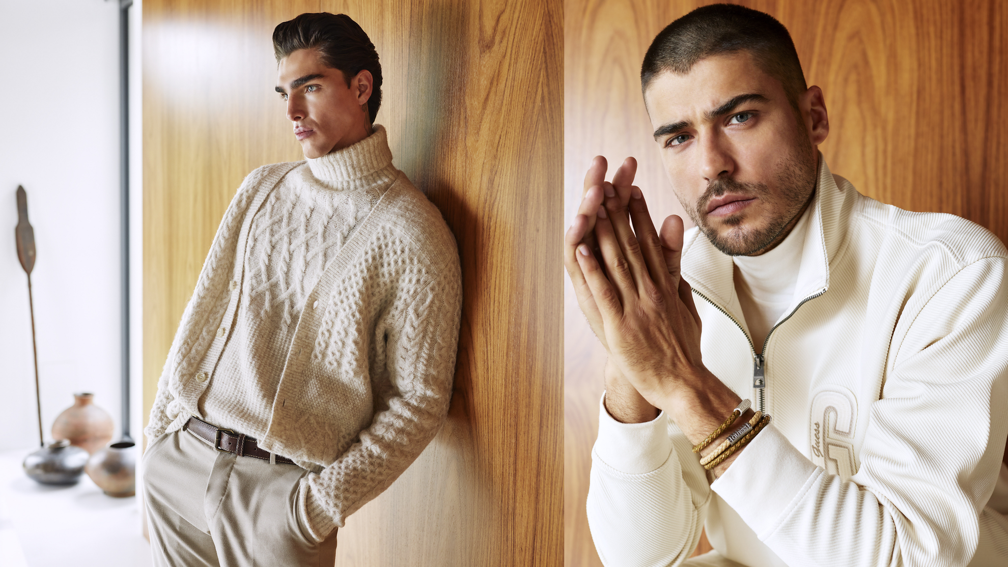 man wearing white sweater in two poses