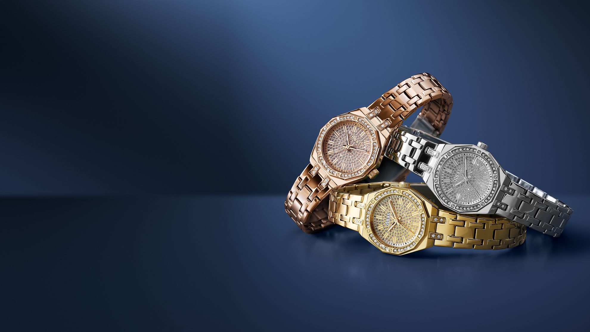 three Pixie watches from Guess in silver, gold and rose gold