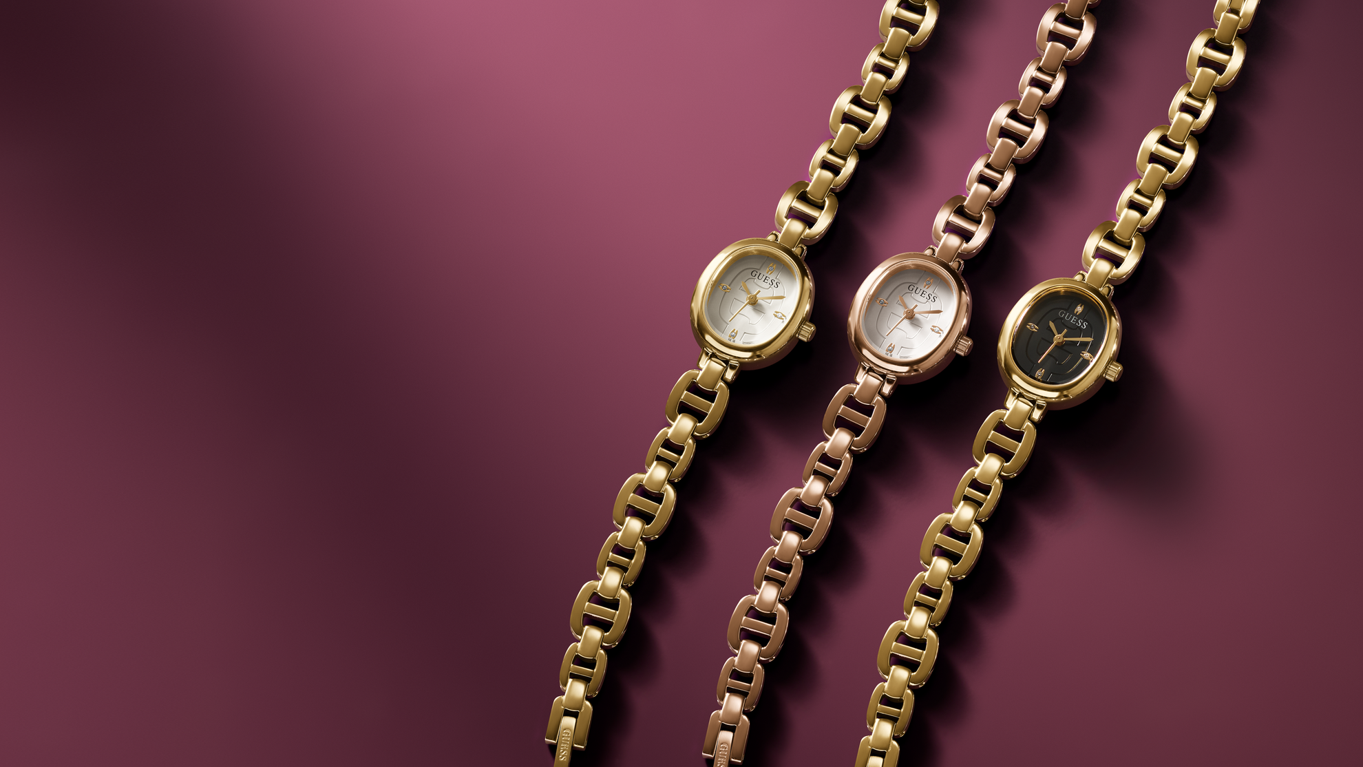 Three gold chain watches on a red background