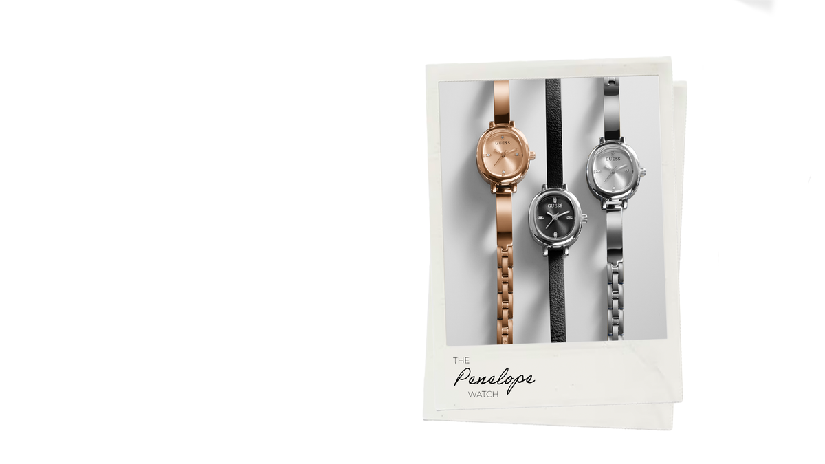 Three women's analog wristwatches displayed on a white card: one rose gold, one silver, and one black, with the text 'The Penelope Watch' printed below.