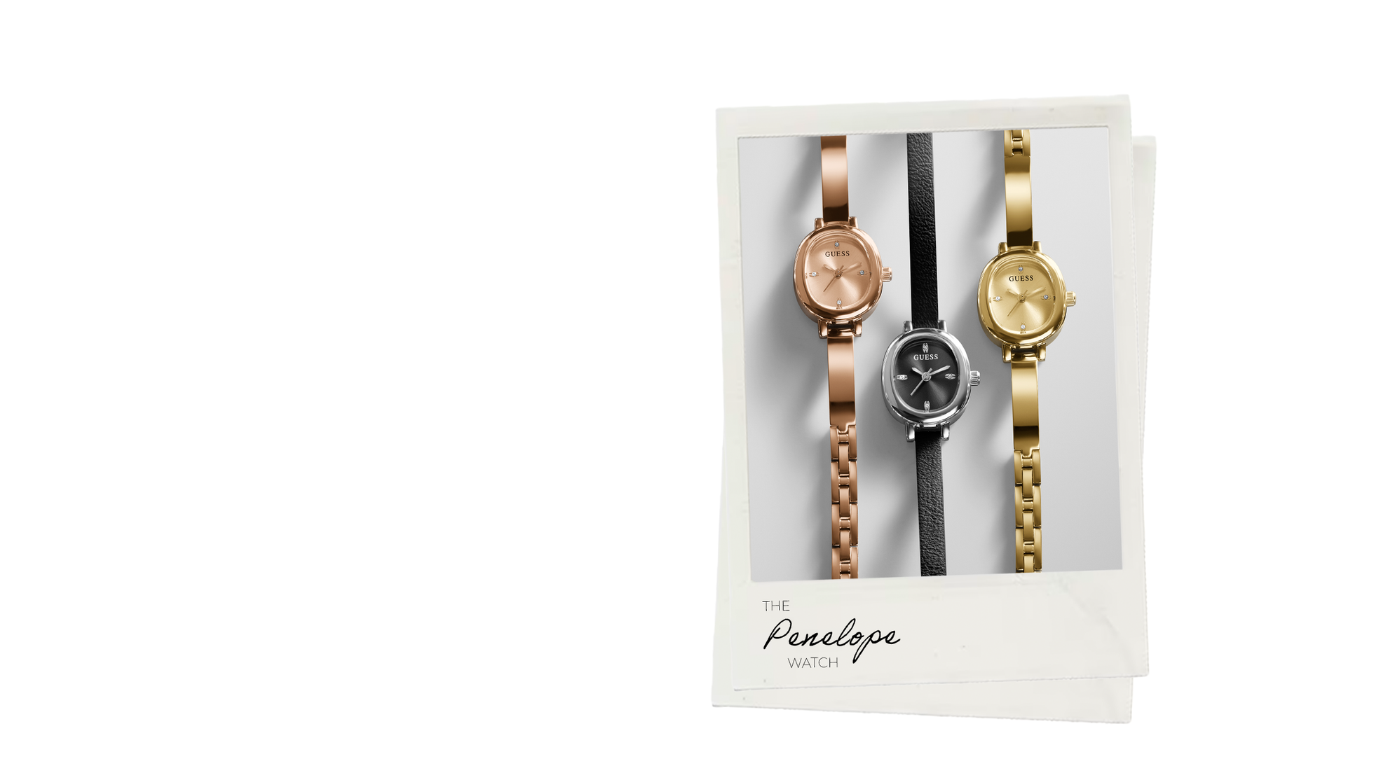 Three women's analog wristwatches displayed on a white card insert. The left watch has a rose gold case and bracelet, the center watch has a black strap and dark gray dial, and the right watch has a gold case and bracelet.