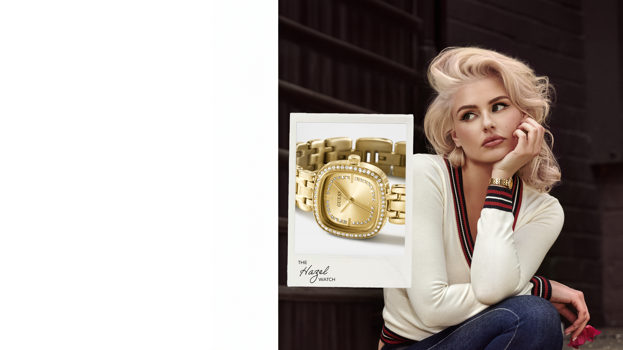A woman in a white sweater and jeans poses next to a product insert of a gold-tone watch with a square bezel and link bracelet. The insert includes the text 'The Hazel Watch'.
