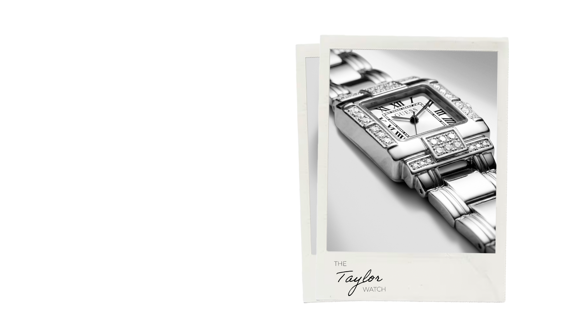 A white-bordered print or card featuring a black-and-white close-up photograph of a rectangular metal wristwatch with a linked band. The card has the text 'The Taylor Watch' printed near the bottom, shown on a plain white background.