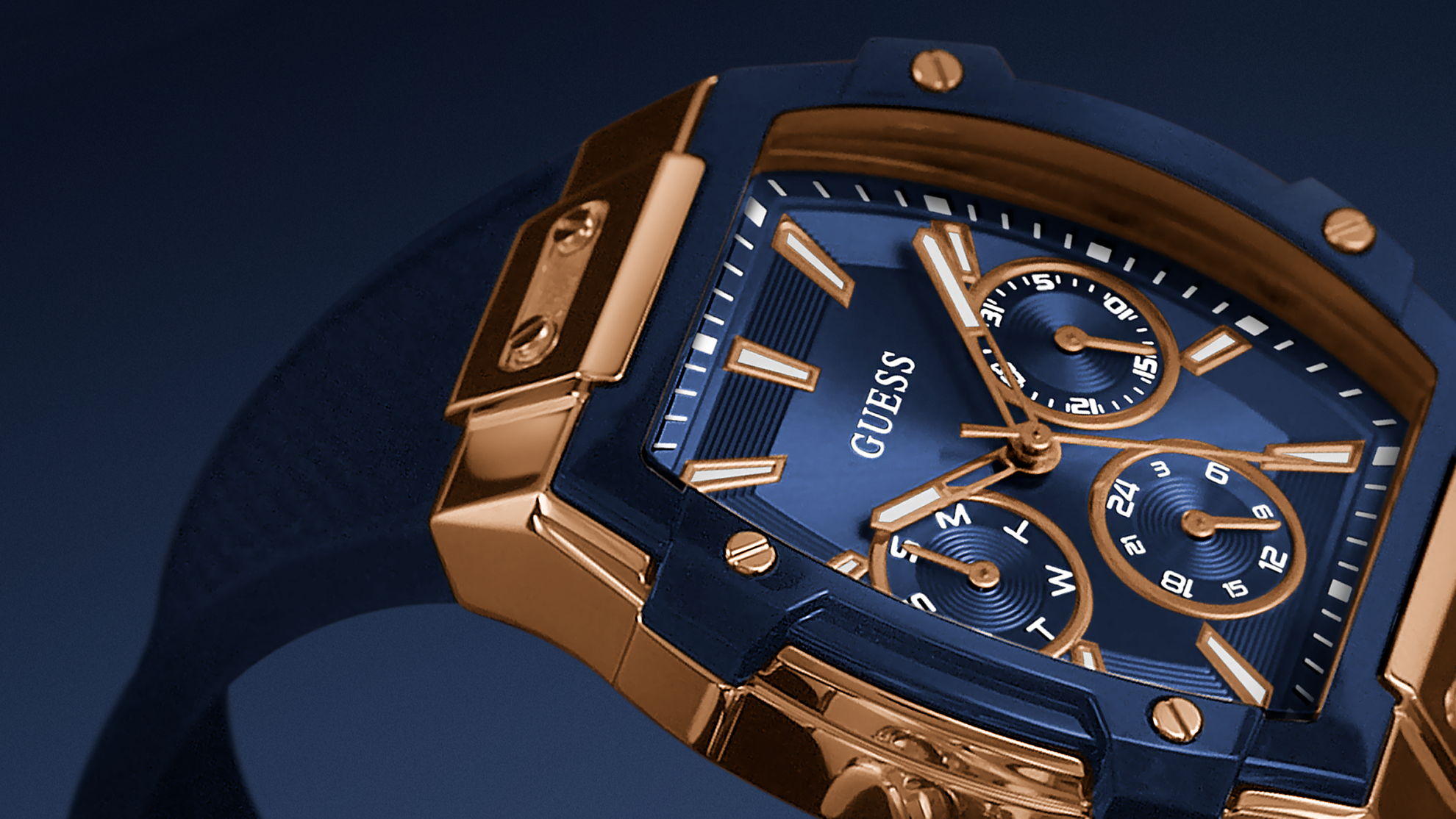 close up of womens blue and rose gold watch