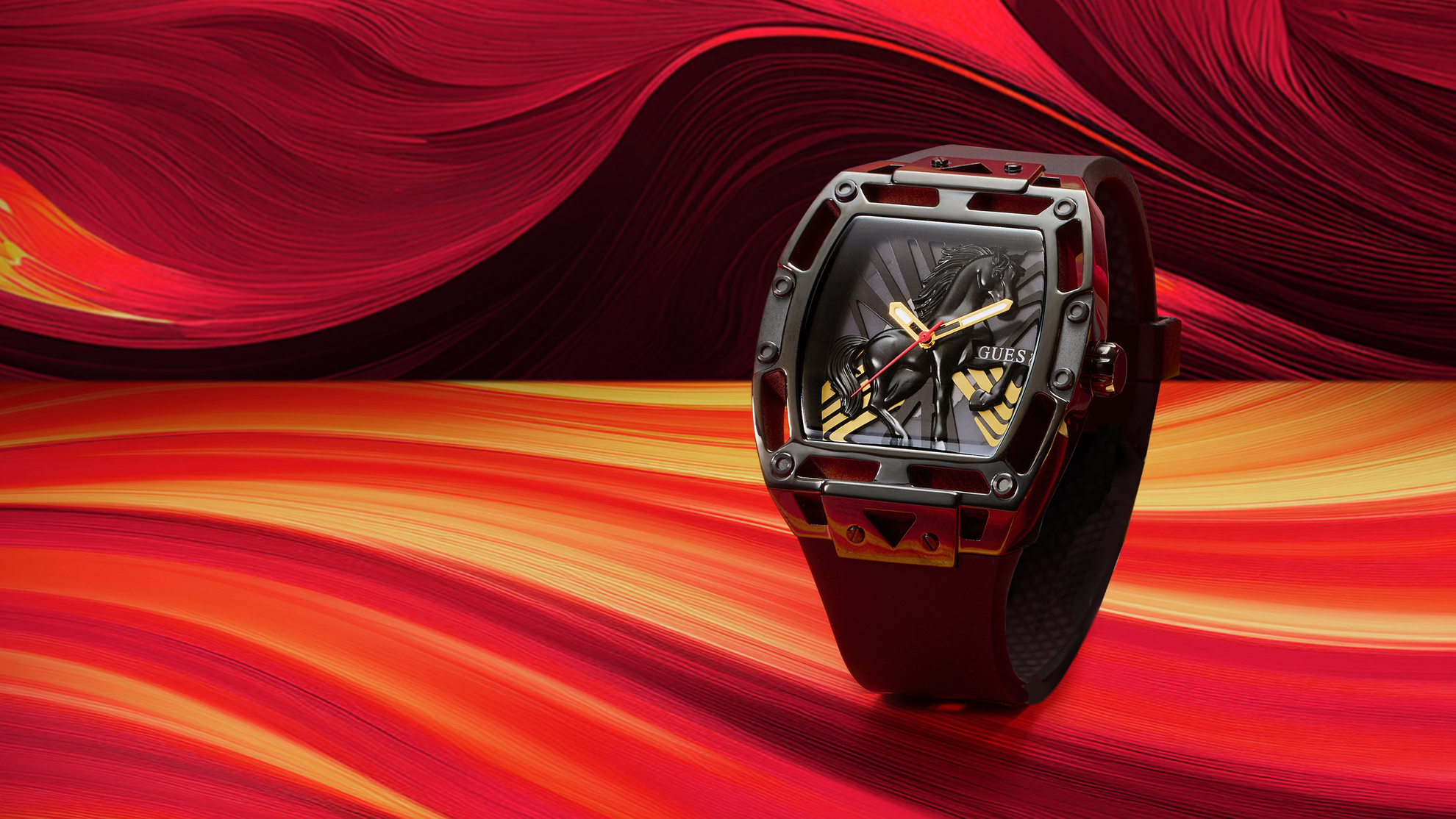 Mens black lunar new year GUESS Watch at an angle