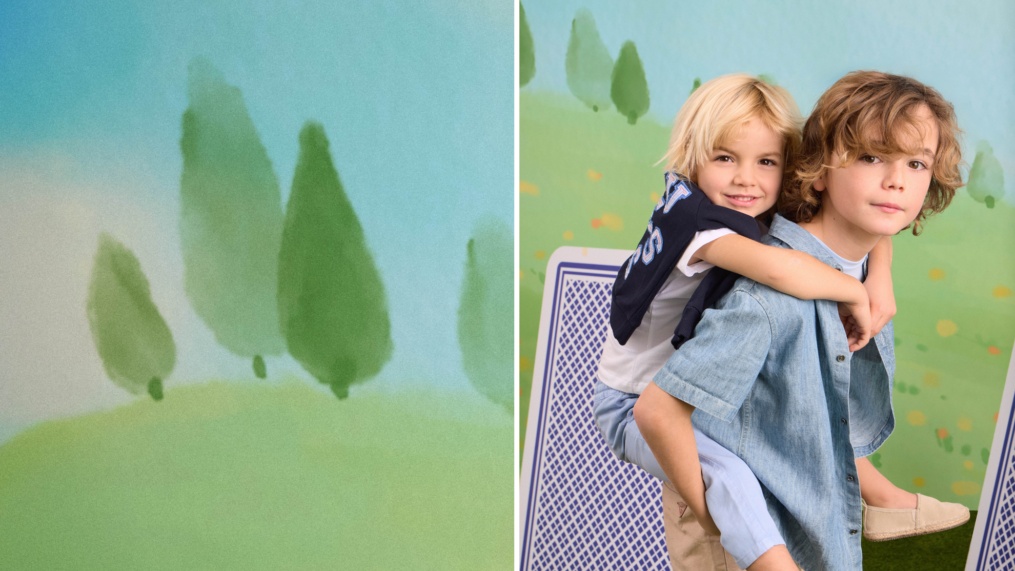 two young boys in front of crayon green background