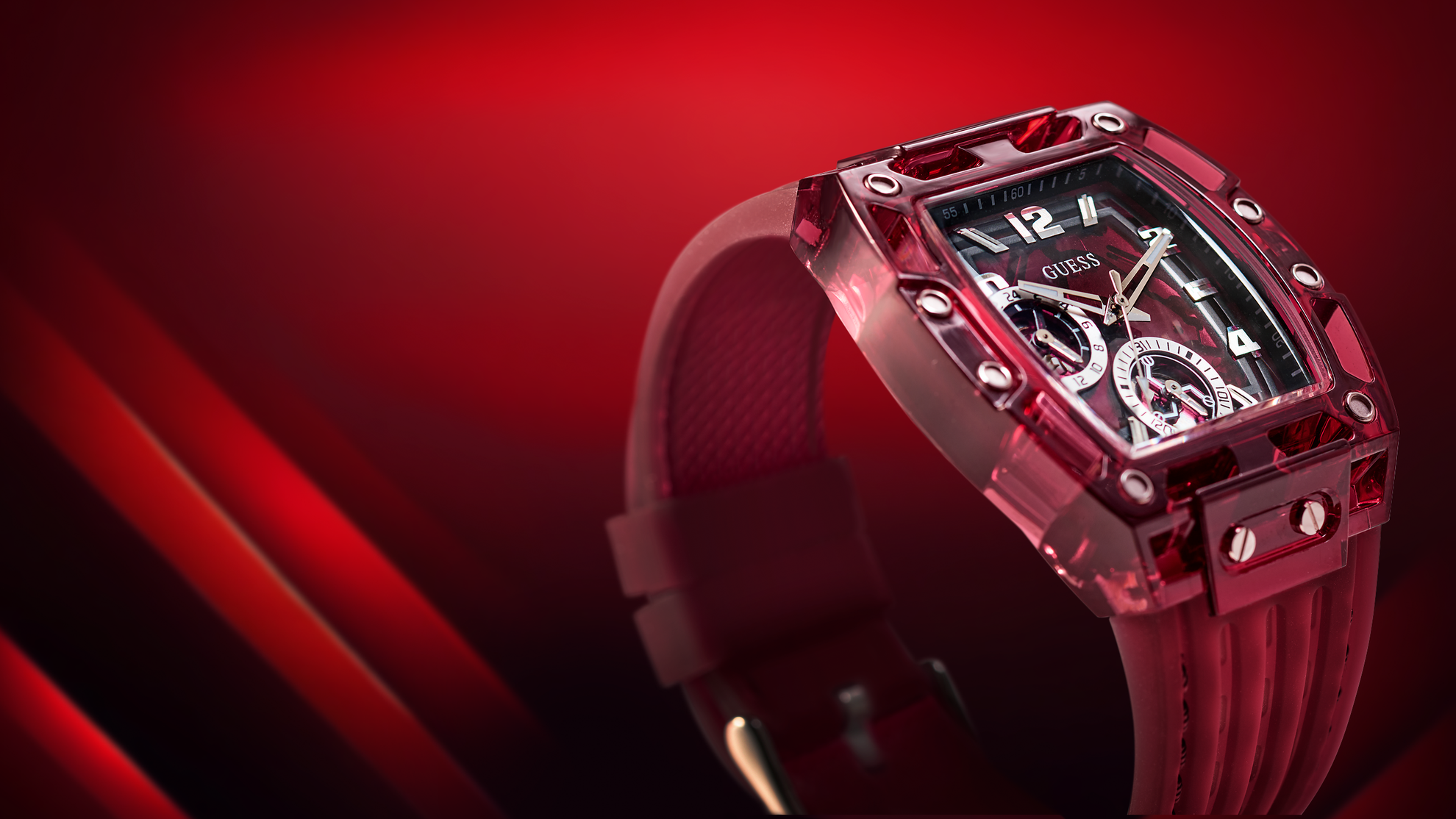Red GUESS watch gw0499g12 on a red background
