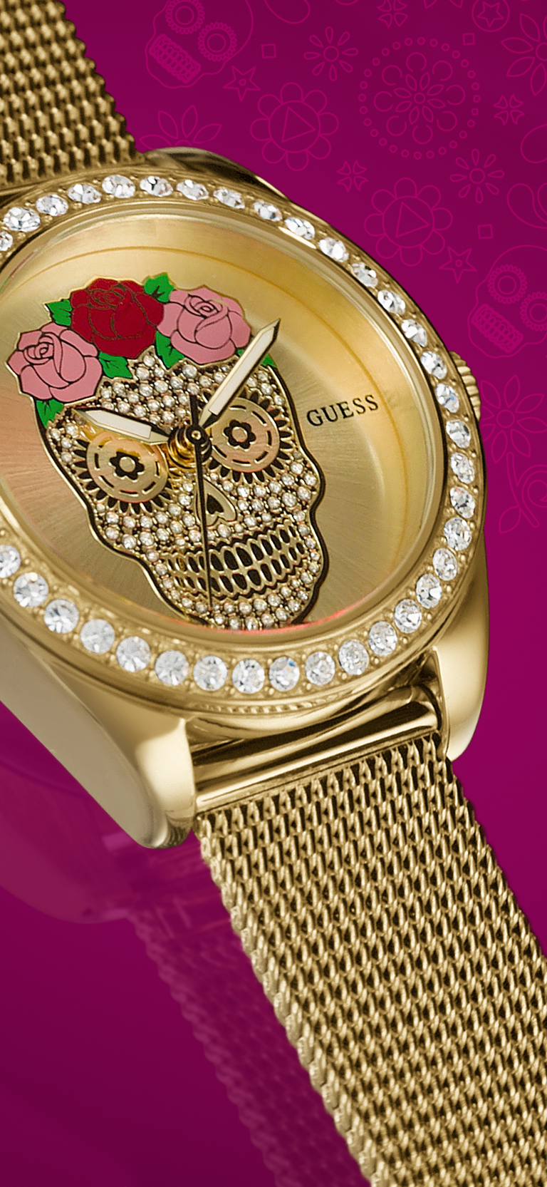 Gold watch with skull and roses design on a pink background GW0946L1