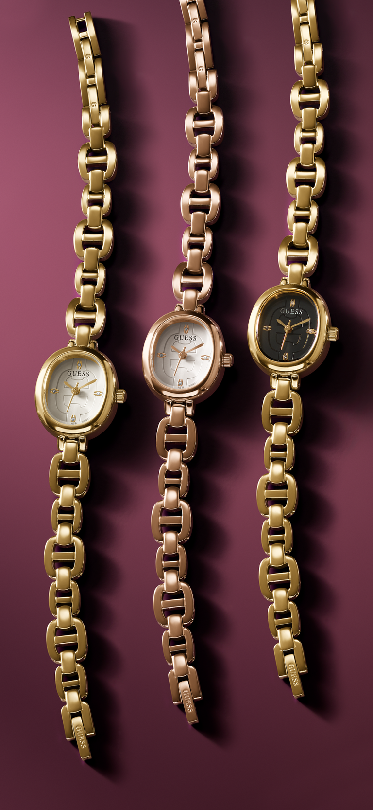 three petite jewelry watches in gold and rose gold