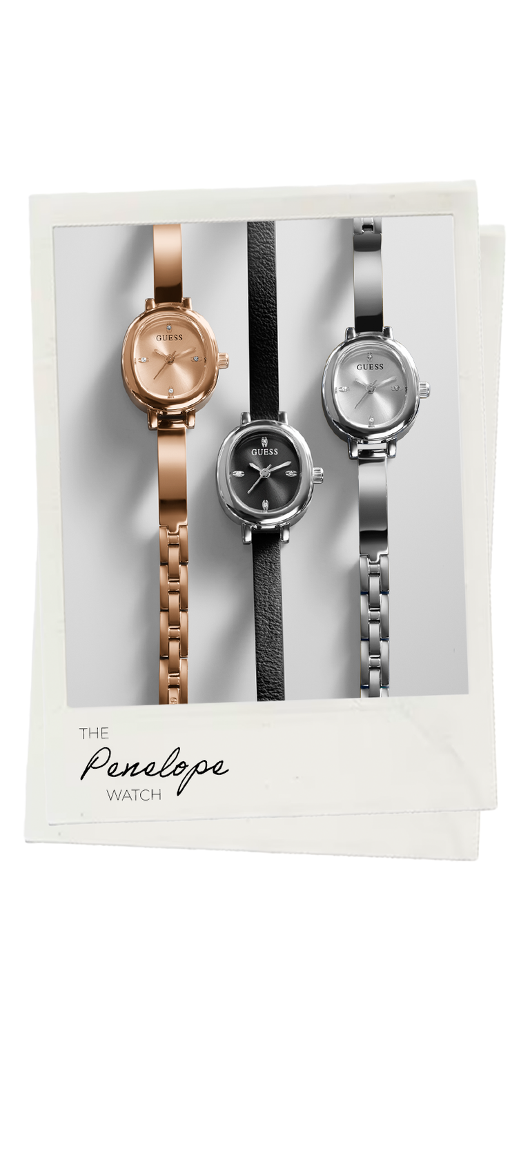 Three Penelope Watch women's analog wristwatches displayed side by side inside a white Polaroid-style photo frame. The watches have rose gold, black, and silver tones with matching metal link straps and round dials.