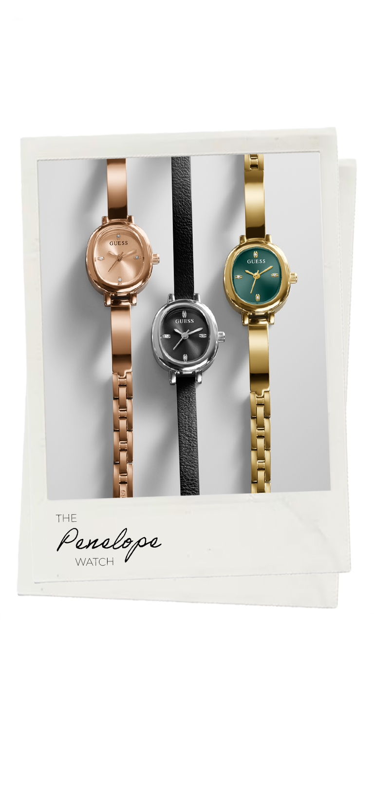 Three women's analog wristwatches displayed inside a white Polaroid-style frame card. The left watch has a rose gold case and chain, the center watch has a black strap and dark gray dial, and the right watch has a gold case and green dial.