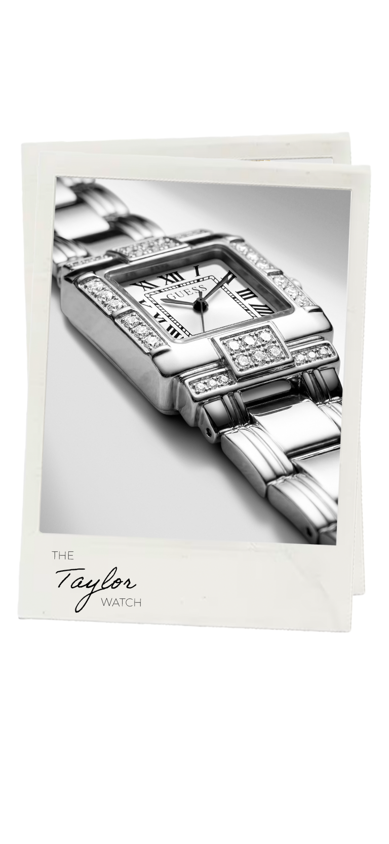 A silver-toned GUESS watch with a diamond-encrusted bezel and matching bracelet, shown on a white card with the text 'The Taylor Watches' printed below.