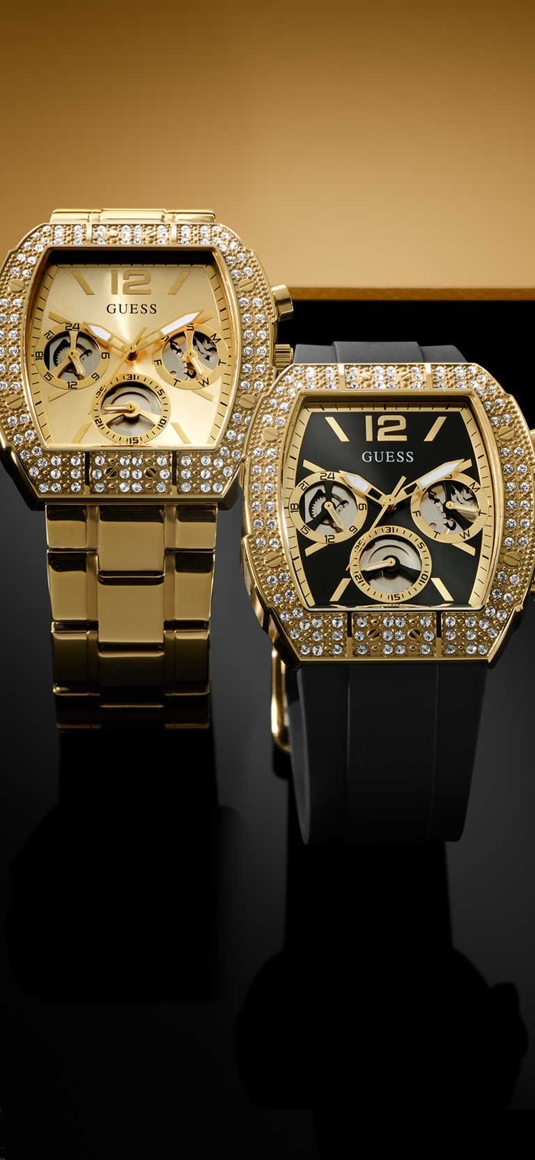 two mens watches with stones in black and gold