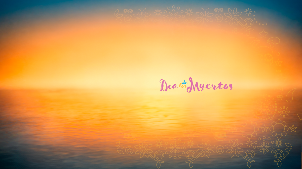 A square graphic design featuring a warm orange and yellow sunset over water, with the text 'Dia de los Muertos' in pink script in the center and delicate gold floral borders along the top and bottom edges.