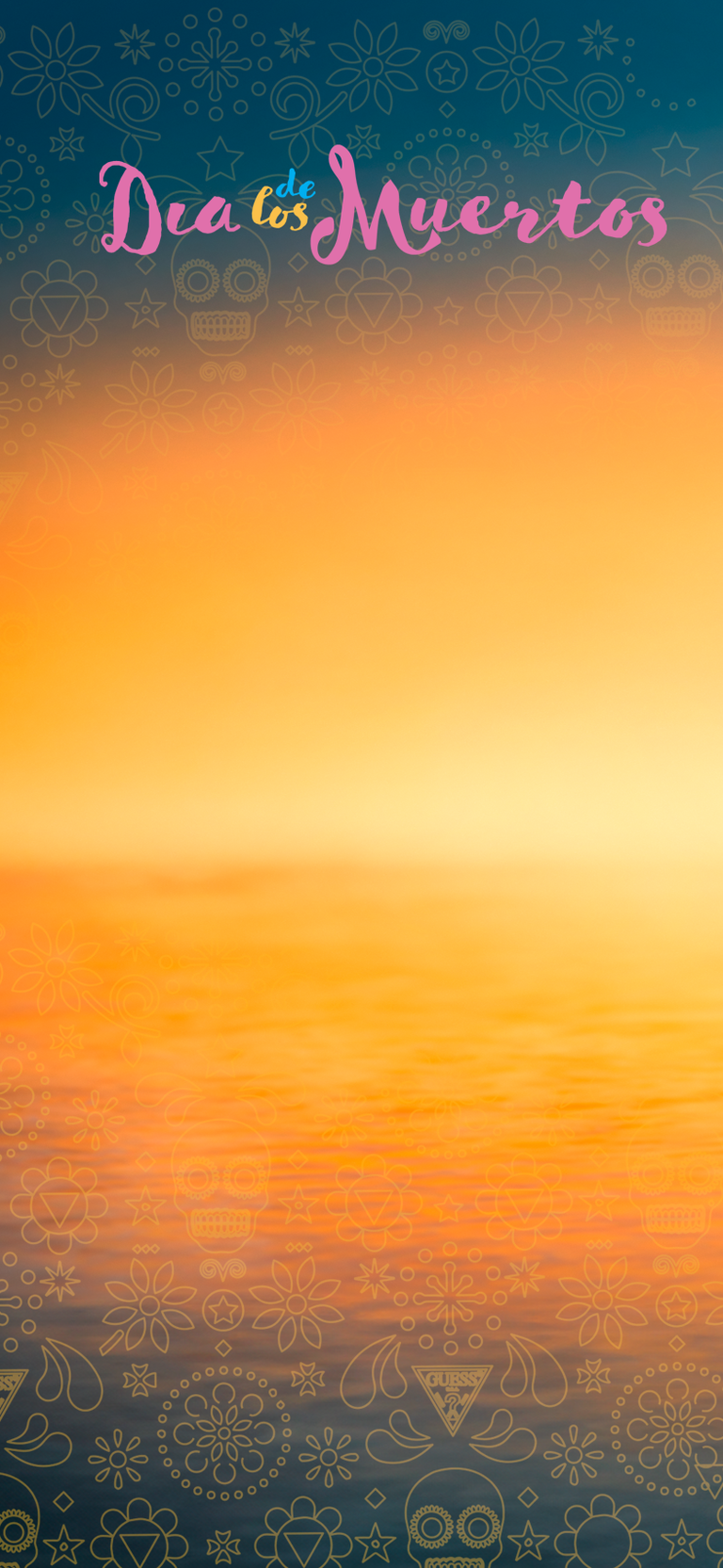 A vertical graphic design with the text 'Dia de los Muertos' in pink script at the top, featuring a glowing orange and yellow horizon over calm water, with dark patterned borders at the top and bottom containing decorative motifs.