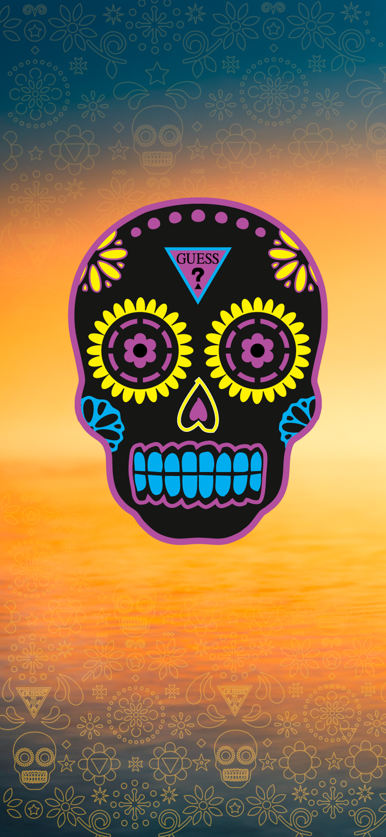 A colorful sugar skull graphic centered on an orange sunset gradient background with a blue-to-orange sky and subtle decorative skull patterns along the top and bottom.