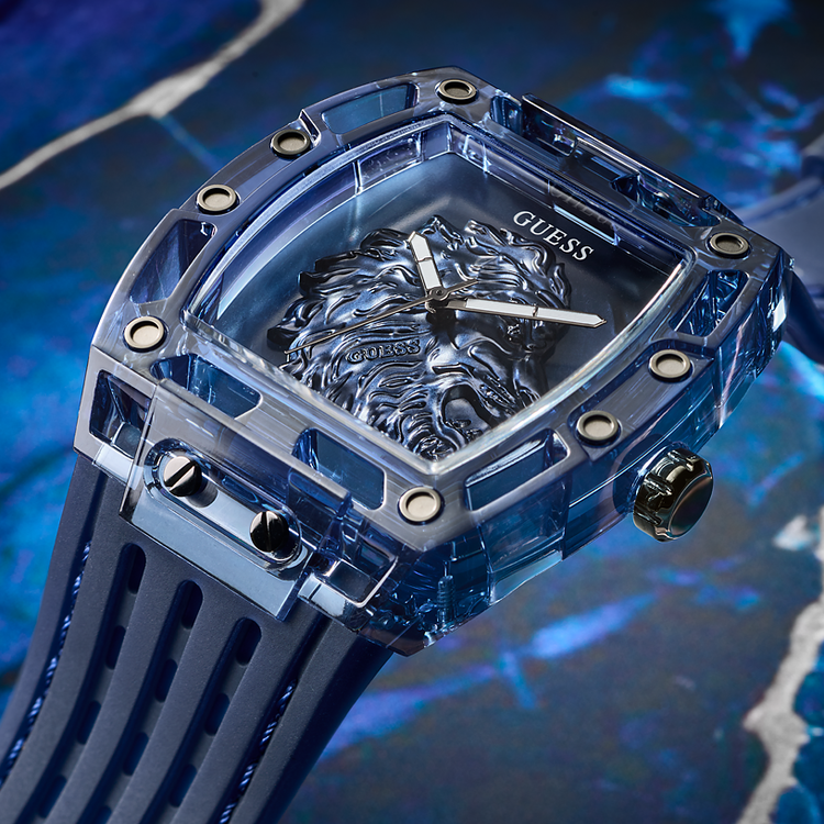 Blue Guess watch with lion emblem on a blue background