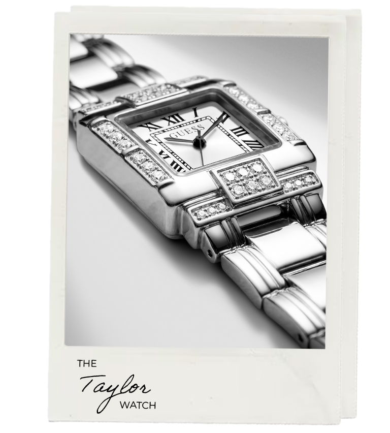A white-bordered print or card featuring a close-up black-and-white photograph of a wristwatch with a metal bracelet and crystal accents. The text at the bottom reads 'THE Taylor WATCH'.