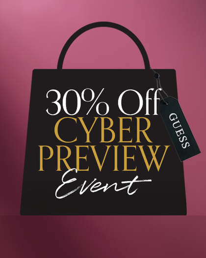 Black shopping bag with '30% Off Cyber Preview Event' text and Guess tag on a red background