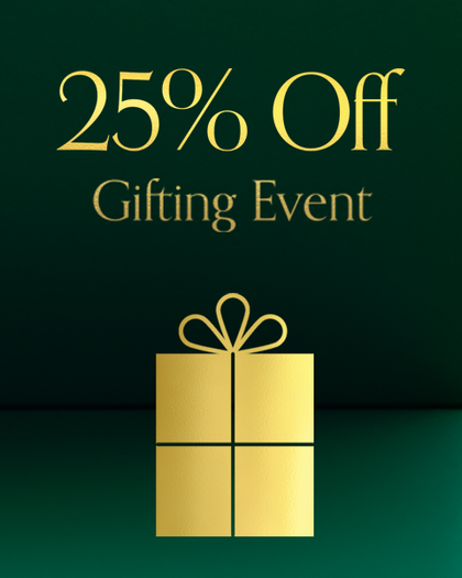 Promotional graphic with '25% Off Gifting Event' text and a gold gift box on a green background