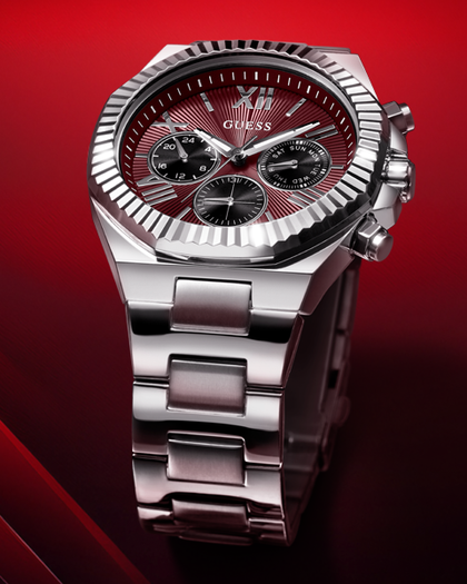 Silver mens watch with red dial and coin edged bezel