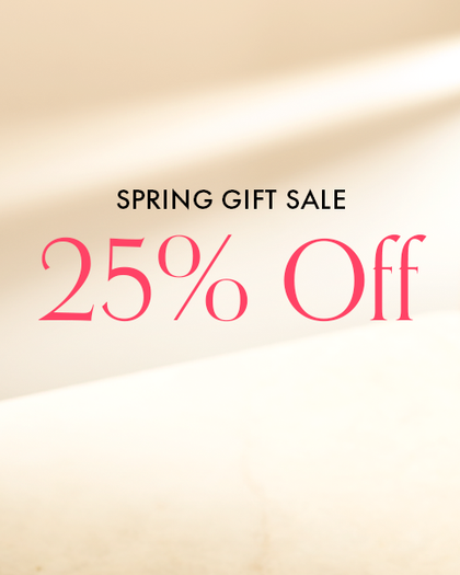 Promotional text for a spring gift sale with 25% off on a beige background.