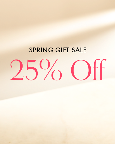 Promotional text for a spring gift sale with 25% off on a beige background.