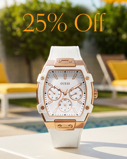 A GUESS wristwatch with a white textured strap, white dial, and rose gold case, displayed on a white table with a blurred outdoor poolside background. Large orange text at the top reads '25% Off'.