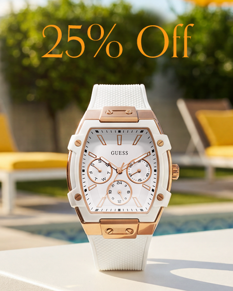 A GUESS wristwatch with a white textured strap, white dial, and rose gold case, displayed on a white table with a blurred outdoor poolside background. Large orange text at the top reads '25% Off'.