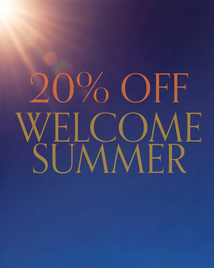 blue banner with orange text reading 20% Off welcome summer 