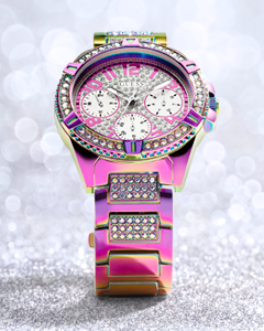 womens iridescent watch on sparkly background