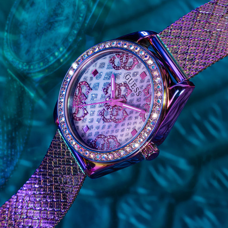 womens watch with purple strap and G pattern iridescent dial