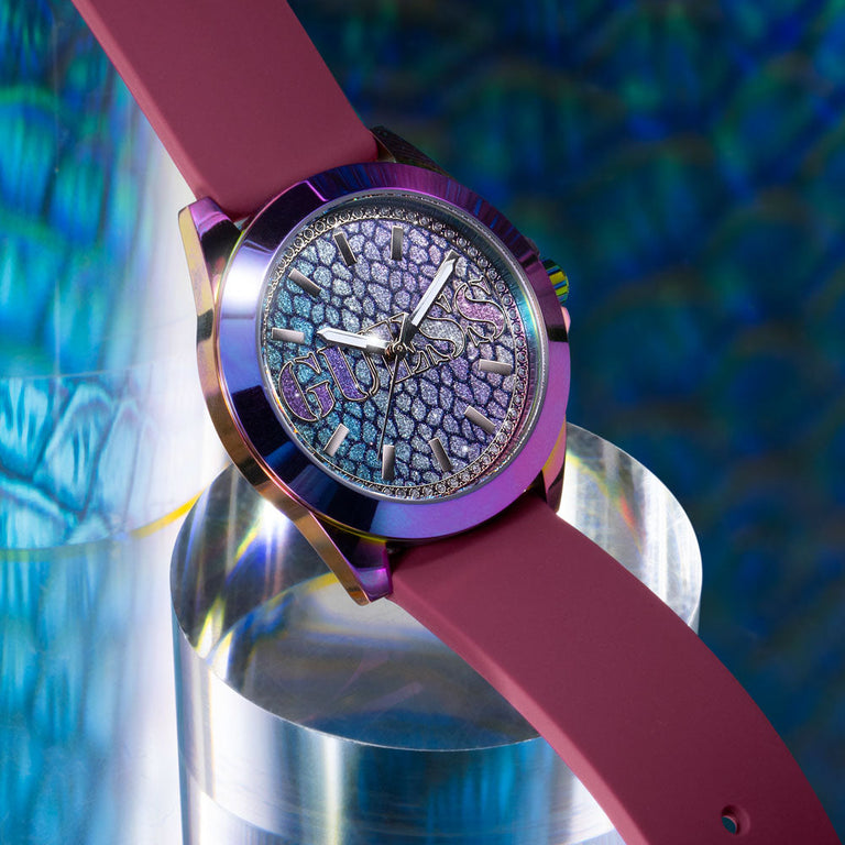 womens watch with purple strap and python iridescent dial