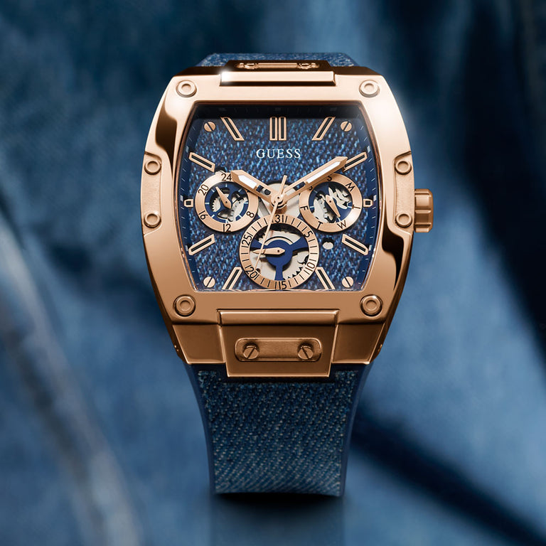 mens denim and rose gold watch