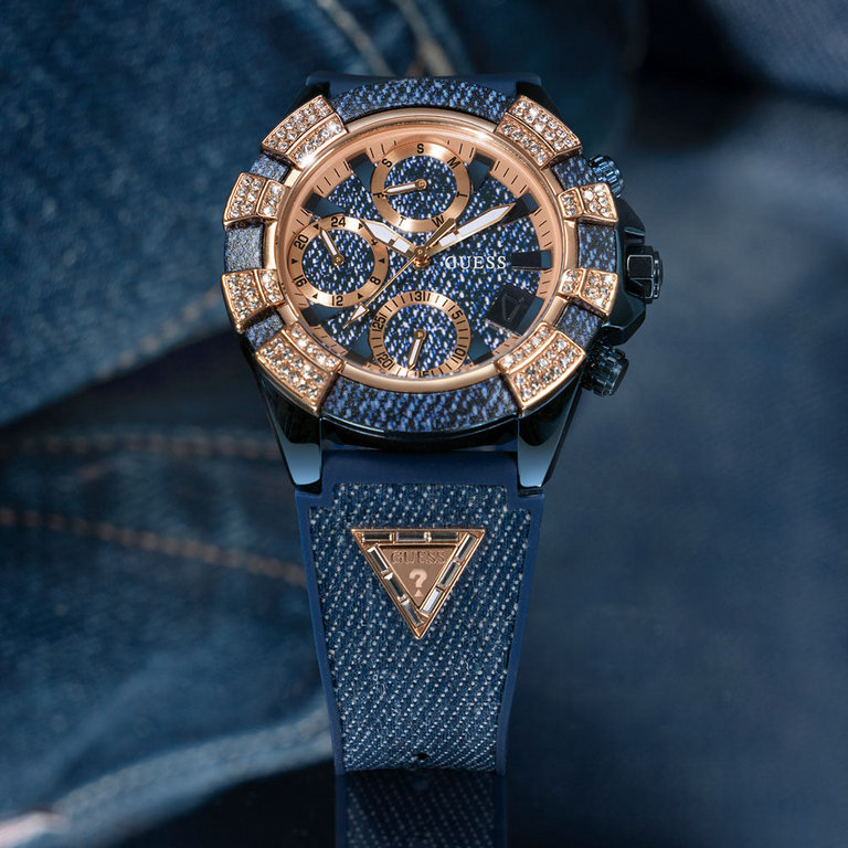 womens watch with denim strap and crystals on bezel