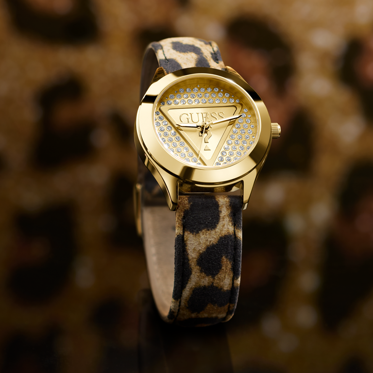 womens animal patterned strap watch with gold logo dial