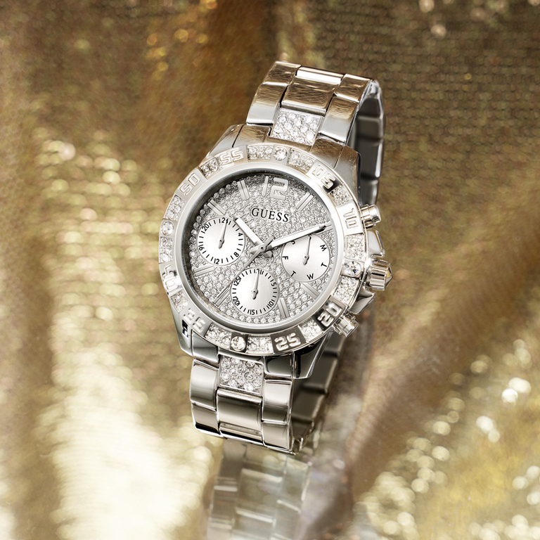 womens silver watch with glitz on dial, bezel and strap