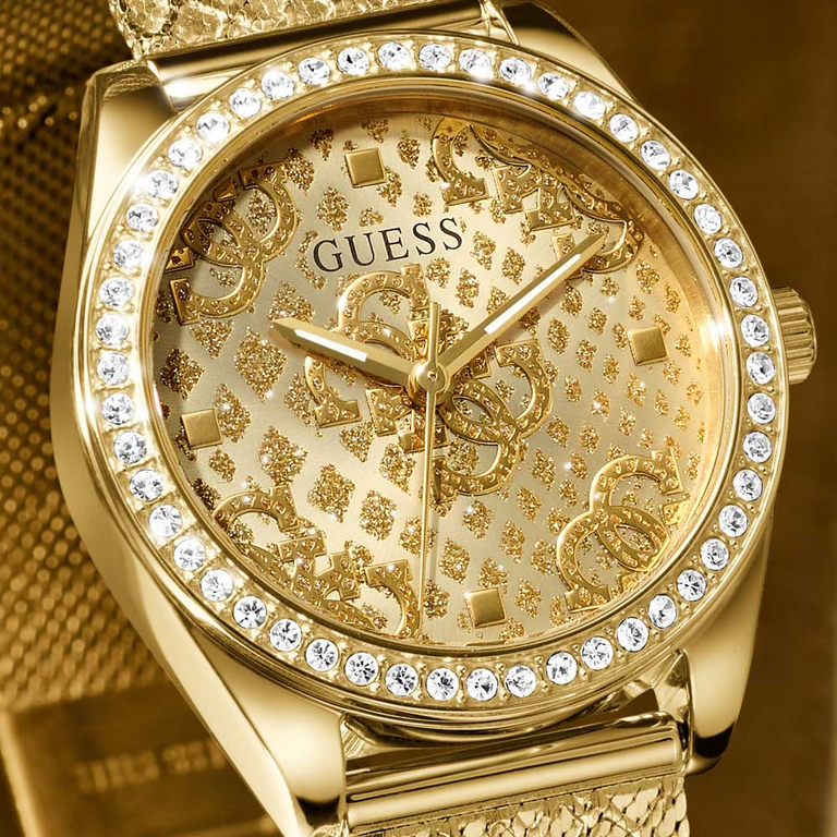 Gold womens watch with logo pattern on dial