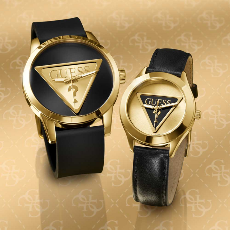 mens and womens black & gold watches with logo on dial